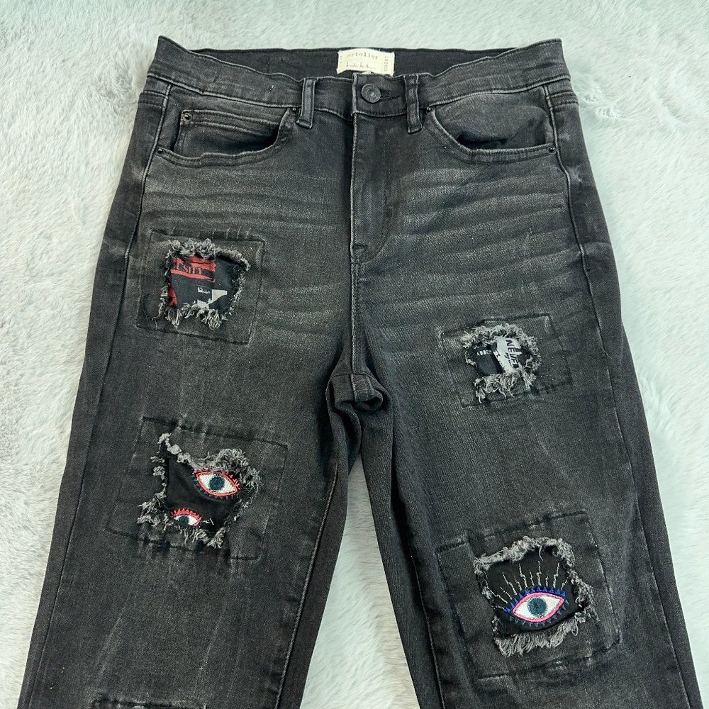 Nicole Miller Artelier Jeans Womens 27 Black Delancey Evil Eye Patches Witchy